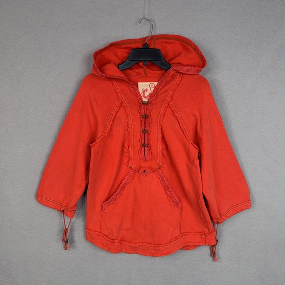 Free People Tops - Free People Shirt Womens Large Orange Hooded Tunic Top Boho Distressed Grunge
